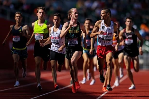 Cole Hocker and Matthew Centrowitz look at one another as they finish in the Men's 1500 Meters Semi-Final during day eight of the 2020 U.S. Olympic...