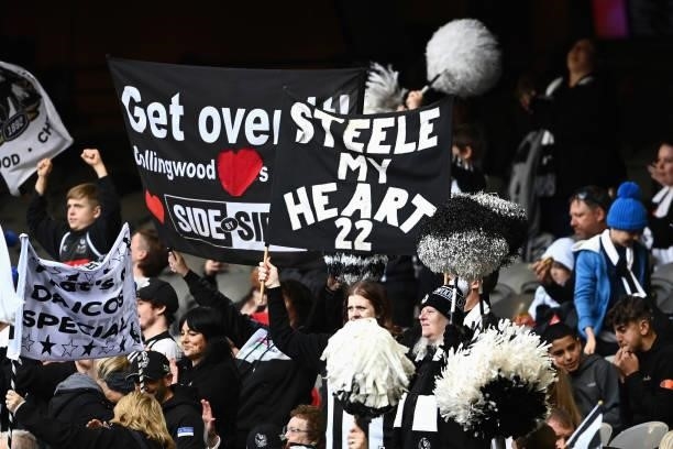 Magpies fans show their colours during the round 15 AFL match between the Collingwood Magpies and the Fremantle Dockers at Marvel Stadium on June 26,...