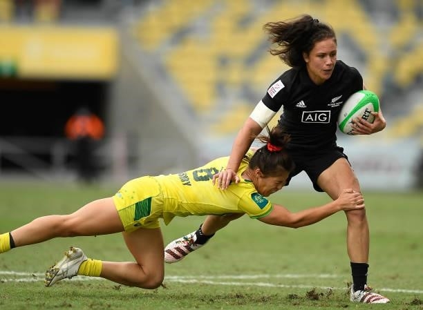 Ruby Tui of New Zealand is tackled by Madison Higgins-Ashby of Australia during the Oceania Sevens Challenge match between New Zealand and Australia...