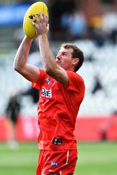 Harry Cunningham of the Swans marks during warm ups of the round 15 AFL match between the Port Adelaide Power and the Sydney Swans at Adelaide Oval...
