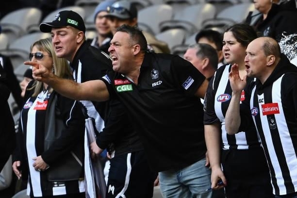 Magpies fans show their emotion during the round 15 AFL match between the Collingwood Magpies and the Fremantle Dockers at Marvel Stadium on June 26,...
