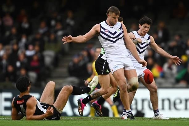 Sean Darcy of the Dockers kicks during the round 15 AFL match between the Collingwood Magpies and the Fremantle Dockers at Marvel Stadium on June 26,...