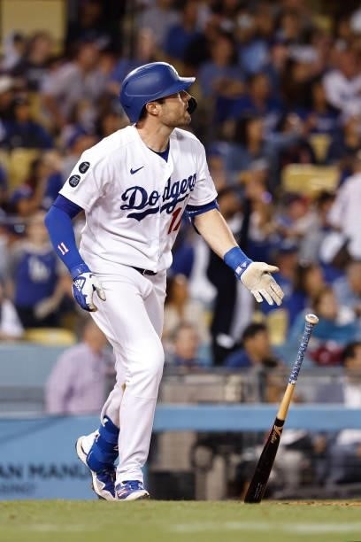Pollock of the Los Angeles Dodgers hits a two run home run against the Chicago Cubs during the eighth inning at Dodger Stadium on June 25, 2021 in...