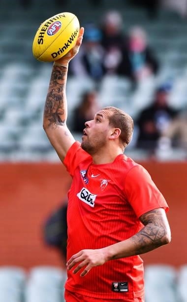 Lance Franklin of the Swans during warm ups of the round 15 AFL match between the Port Adelaide Power and the Sydney Swans at Adelaide Oval on June...