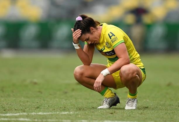 Charlotte Caslick of Australia reacts after losing the Oceania Sevens Challenge match between New Zealand and Australia at Queensland Country Bank...