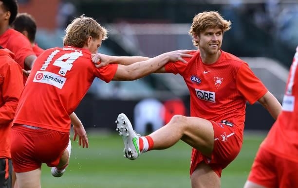 Callum Mills of the Swans and Dane Rampe of the Swans during warm ups of the round 15 AFL match between the Port Adelaide Power and the Sydney Swans...