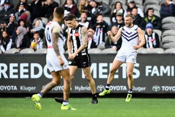 Brett Bewley of the Dockers celebrates kicking a goal during the round 15 AFL match between the Collingwood Magpies and the Fremantle Dockers at...