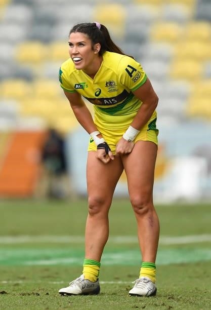 Charlotte Caslick of Australia looks on during the Oceania Sevens Challenge match between New Zealand and Australia at Queensland Country Bank...