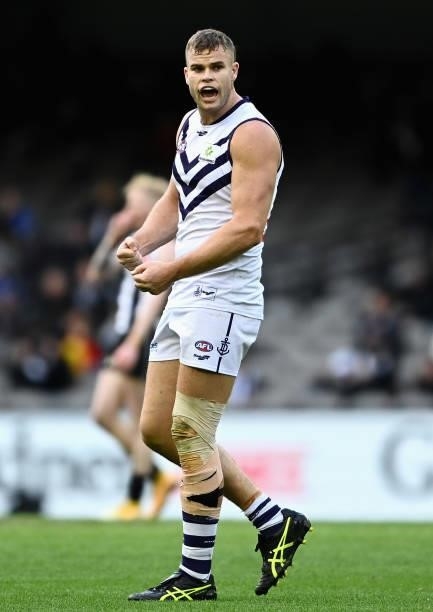 Sean Darcy of the Dockers celebrates winning the round 15 AFL match between the Collingwood Magpies and the Fremantle Dockers at Marvel Stadium on...