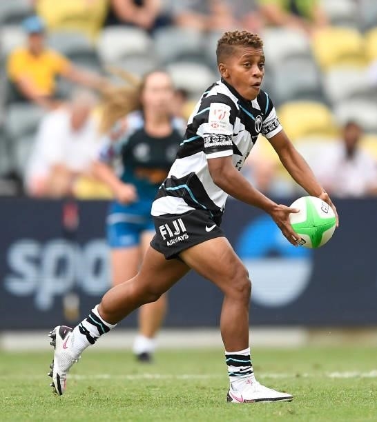 Mereula Torooti of Fiji looks to pass the ball during the Oceania Sevens Challenge match between Fiji and Oceania at Queensland Country Bank Stadium...