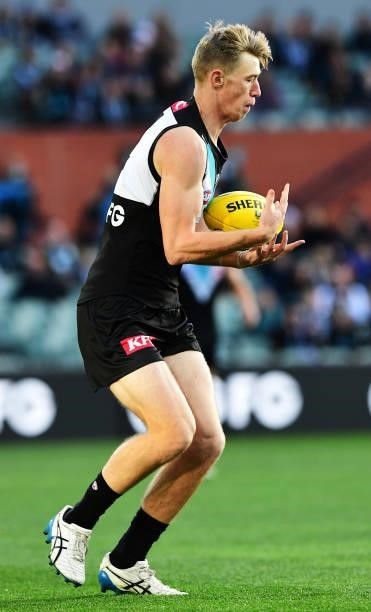 Todd Marshall of Port Adelaide marks during the round 15 AFL match between the Port Adelaide Power and the Sydney Swans at Adelaide Oval on June 26,...