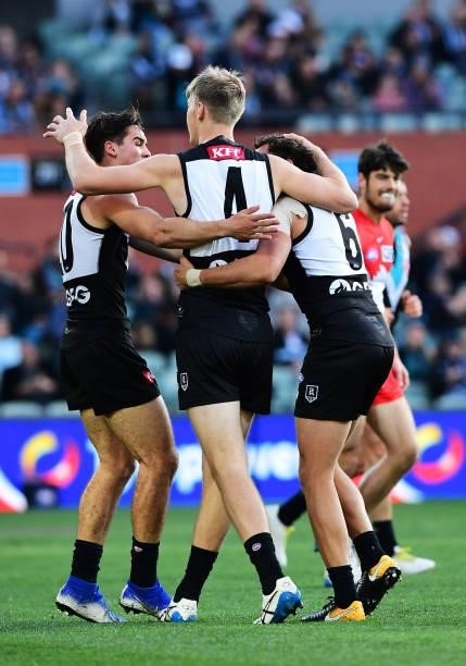 Todd Marshall of Port Adelaide celebrates a goal during the round 15 AFL match between the Port Adelaide Power and the Sydney Swans at Adelaide Oval...