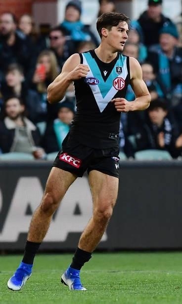 Connor Rozee of Port Adelaide celebrates a goal during the round 15 AFL match between the Port Adelaide Power and the Sydney Swans at Adelaide Oval...