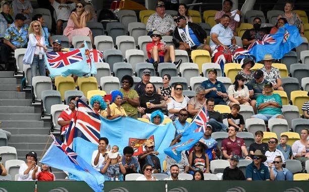 Fijian fans show their support during the Oceania Sevens Challenge match between Fiji and Oceania at Queensland Country Bank Stadium on June 26, 2021...
