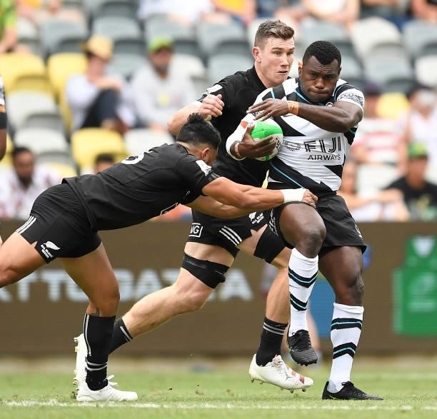 Asaeli Tuvuaka of Fiji is tackled during the Oceania Sevens Challenge match between New Zealand and Fiji at Queensland Country Bank Stadium on June...