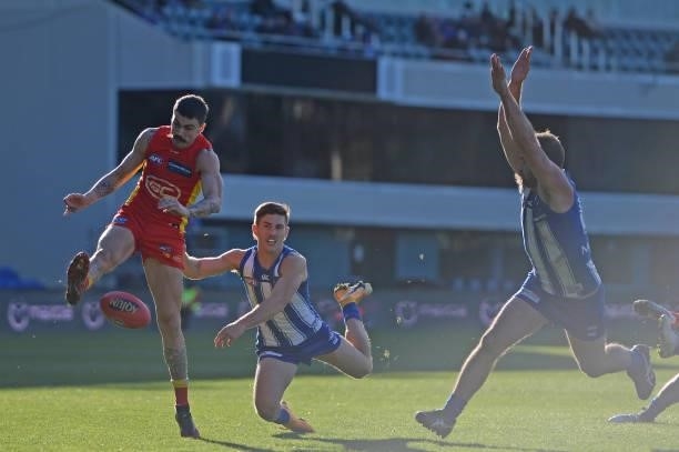 Oleg Markov of the Suns kicks the ball during the round 15 AFL match between the North Melbourne Kangaroos and the Gold Coast Suns at Blundstone...