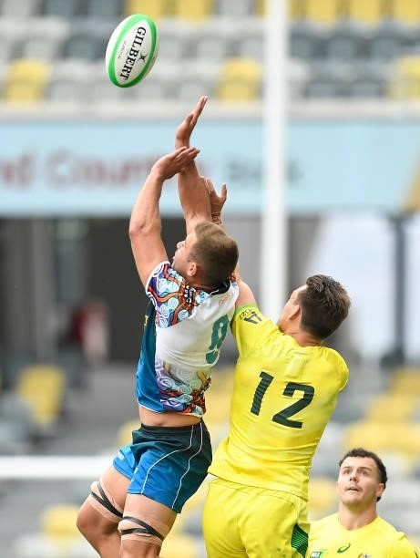 Nathan Lawson of Oceania contests the ball with Lachlan Anderson of Australia during the Oceania Sevens Challenge match between Australia and Oceania...