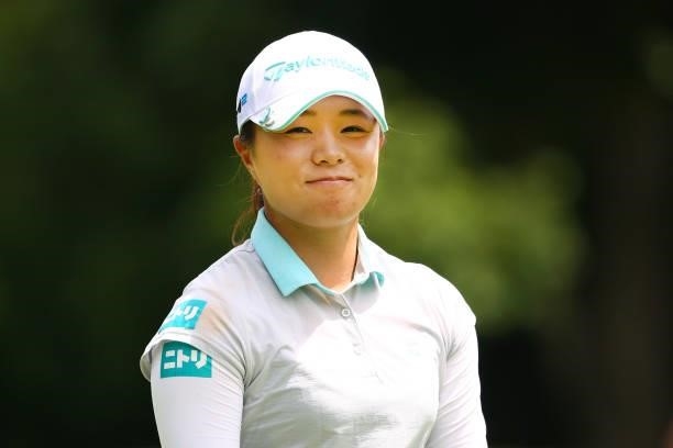 Saki Nagamine of Japan smiles on the 8th hole during the third round of the Earth Mondamin Cup at Camellia Hills Country Club on June 26, 2021 in...