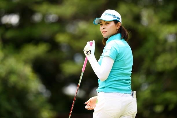 Hina Arakaki of Japan reacts after her tee shot on the 6th hole during the third round of the Earth Mondamin Cup at Camellia Hills Country Club on...