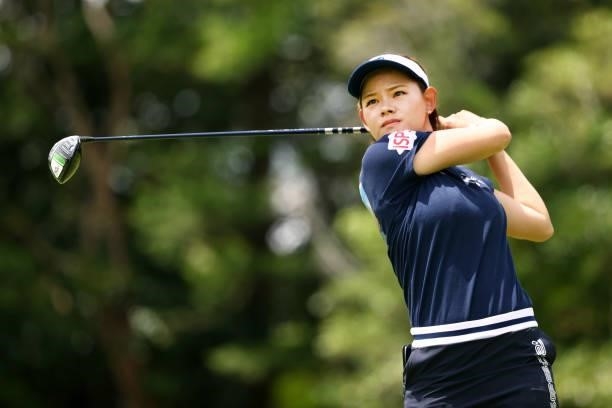 Ayame Morii of Japan hits her tee shot on the 6th hole during the third round of the Earth Mondamin Cup at Camellia Hills Country Club on June 26,...