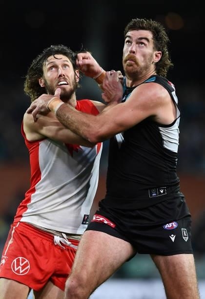 Tom Hickey of the Swans rucks against Scott Lycett of Port Adelaide during the round 15 AFL match between the Port Adelaide Power and the Sydney...