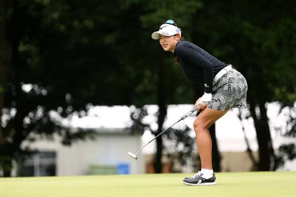 Erika Hara of Japan reacts after a putt on the 8th green during the third round of the Earth Mondamin Cup at Camellia Hills Country Club on June 26,...