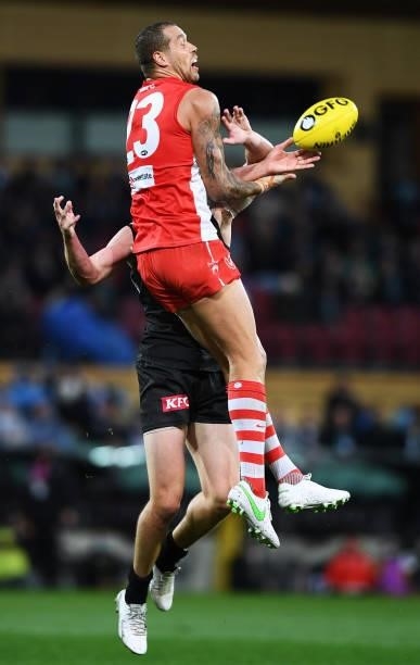 Lance Franklin of the Swans attempts to mark during the round 15 AFL match between the Port Adelaide Power and the Sydney Swans at Adelaide Oval on...