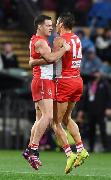 Tom Papley of the Swans celebrates a goal with Josh Kennedy of the Swans during the round 15 AFL match between the Port Adelaide Power and the Sydney...