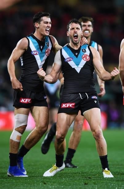 Travis Boak of Port Adelaide celebrates a goal with Connor Rozee of Port Adelaide during the round 15 AFL match between the Port Adelaide Power and...