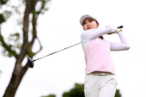 Sayaka Takahashi of Japan hits her tee shot on the 17th hole during the third round of the Earth Mondamin Cup at Camellia Hills Country Club on June...