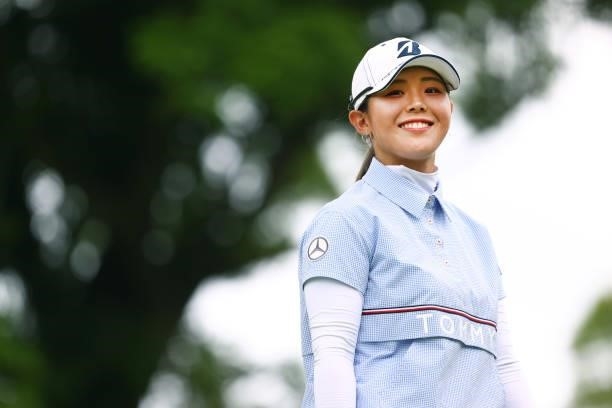 Yuri Yoshida of Japan smiles on the 17th hole during the third round of the Earth Mondamin Cup at Camellia Hills Country Club on June 26, 2021 in...