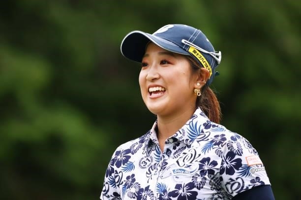 Yuna Takagi of Japan smiles during the third round of the Earth Mondamin Cup at Camellia Hills Country Club on June 26, 2021 in Sodegaura, Chiba,...