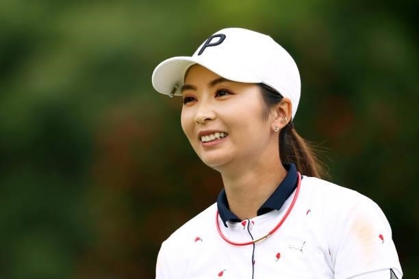 Erika Kikuchi of Japan smiles on the 14th green during the third round of the Earth Mondamin Cup at Camellia Hills Country Club on June 26, 2021 in...