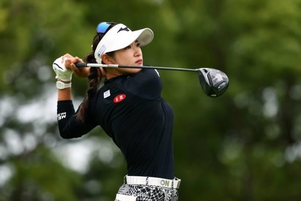 Erika Hara of Japan hits her tee shot on the 18th hole during the third round of the Earth Mondamin Cup at Camellia Hills Country Club on June 26,...
