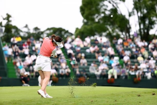 Yuna Nishimura of Japan hits her third shot on the 18th hole during the third round of the Earth Mondamin Cup at Camellia Hills Country Club on June...