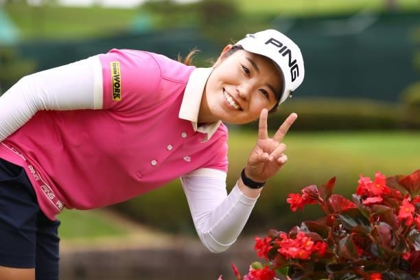 Mamiko Higa of Japan poses after the third round of the Earth Mondamin Cup at Camellia Hills Country Club on June 26, 2021 in Sodegaura, Chiba, Japan.