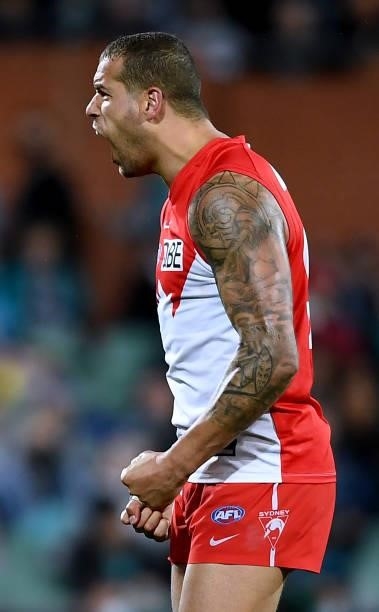 Lance Franklin of the Swans celebrates a goal during the round 15 AFL match between the Port Adelaide Power and the Sydney Swans at Adelaide Oval on...