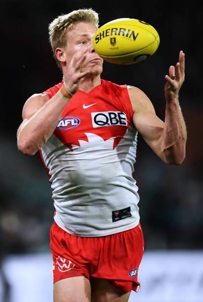 Isaac Heeney of the Swans marks during the round 15 AFL match between the Port Adelaide Power and the Sydney Swans at Adelaide Oval on June 26, 2021...