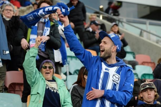 Kangaroos fans are seen during the round 15 AFL match between the North Melbourne Kangaroos and the Gold Coast Suns at Blundstone Arena on June 26,...