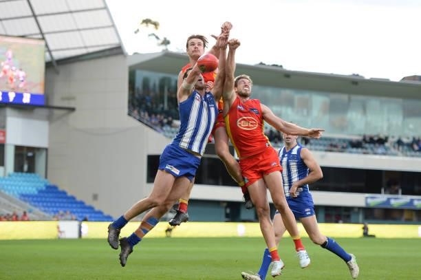 Caleb Graham of the suns competes for the ball during the round 15 AFL match between the North Melbourne Kangaroos and the Gold Coast Suns at...