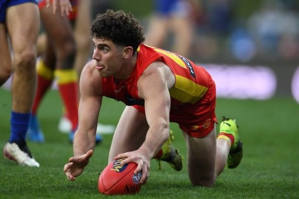 Sam Flanders of the Suns in action during the round 15 AFL match between the North Melbourne Kangaroos and the Gold Coast Suns at Blundstone Arena on...