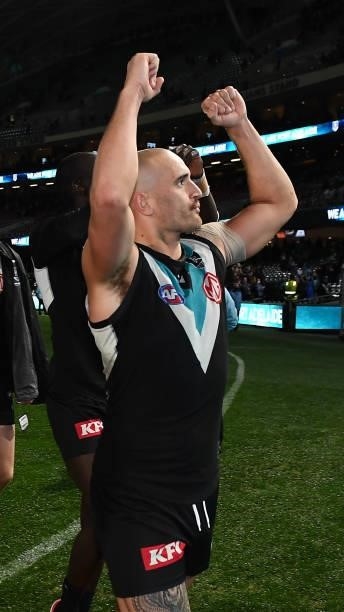 Sam Powell-Pepper of Port Adelaide thanks the supporters as they leave the ground during the round 15 AFL match between the Port Adelaide Power and...