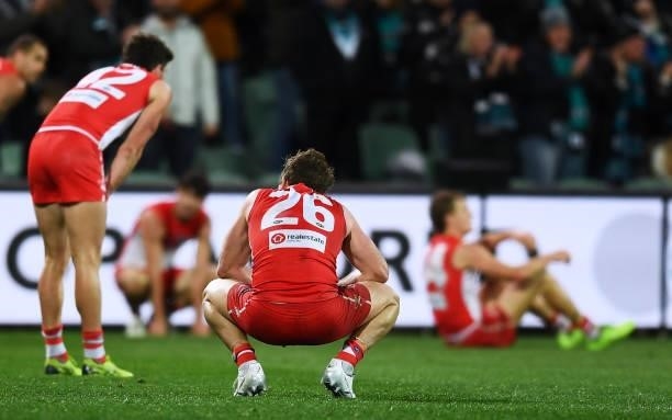 Josh Kennedy and Luke Parker of the Swans at the final siren during the round 15 AFL match between the Port Adelaide Power and the Sydney Swans at...