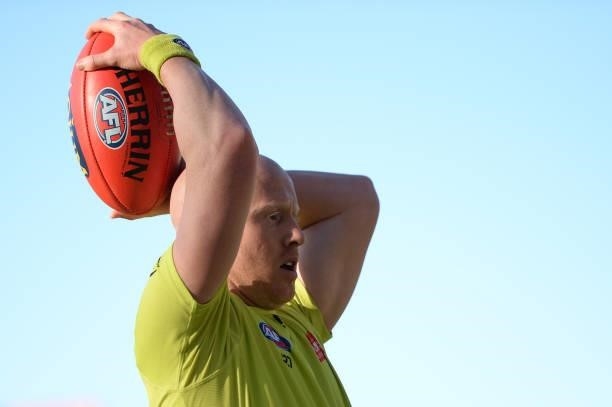 Umpire in action during the round 15 AFL match between the North Melbourne Kangaroos and the Gold Coast Suns at Blundstone Arena on June 26, 2021 in...
