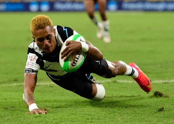 Aloesi Nakoci of Fiji scores a try during the Oceania Sevens Challenge match between Australia and Fiji at Queensland Country Bank Stadium on June...