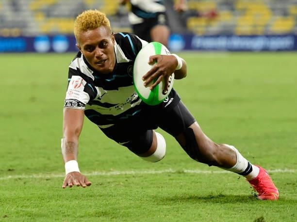 Aloesi Nakoci of Fiji scores a try during the Oceania Sevens Challenge match between Australia and Fiji at Queensland Country Bank Stadium on June...