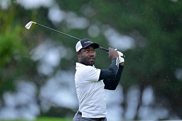 Arnaud Ahoua of France plays his first shot on the 1st hole during Day Three of the Open de Bretagne at Golf Bluegreen de Pleneuf Val Andre on June...