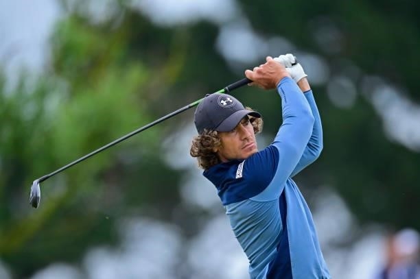Clement Berardo of France plays his first shot on the 1st hole during Day Three of the Open de Bretagne at Golf Bluegreen de Pleneuf Val Andre on...