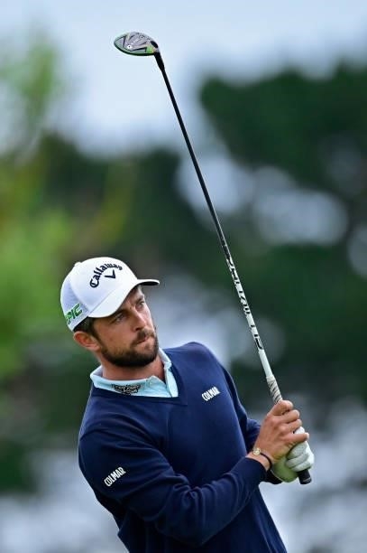 Sebastien Gros of France plays his first shot on the 1st hole during Day Three of the Open de Bretagne at Golf Bluegreen de Pleneuf Val Andre on June...