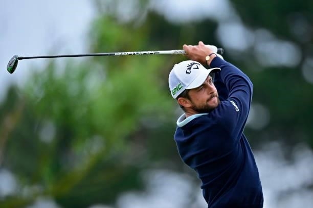Sebastien Gros of France plays his first shot on the 1st hole during Day Three of the Open de Bretagne at Golf Bluegreen de Pleneuf Val Andre on June...